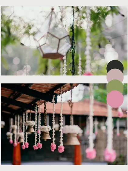 A modern geometric terrarium contrasts with traditional hanging floral decor. We enjoy playing with different styles to create a personalized and eclectic atmosphere that suits any type of celebration.