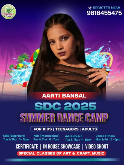 A poster featuring our instructor Aarti and the various batches she will be teaching at the Summer Dance Camp.