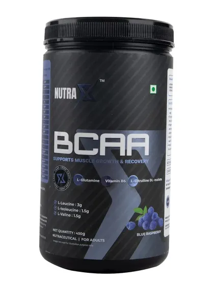 A clean, front-facing shot of the blue raspberry-flavored BCAA supplement.