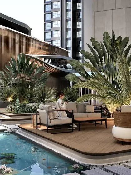 This view shows the clubhouse's poolside lounge area. The entire space is designed to feel like a natural escape, blending architecture and landscape into one cohesive experience.