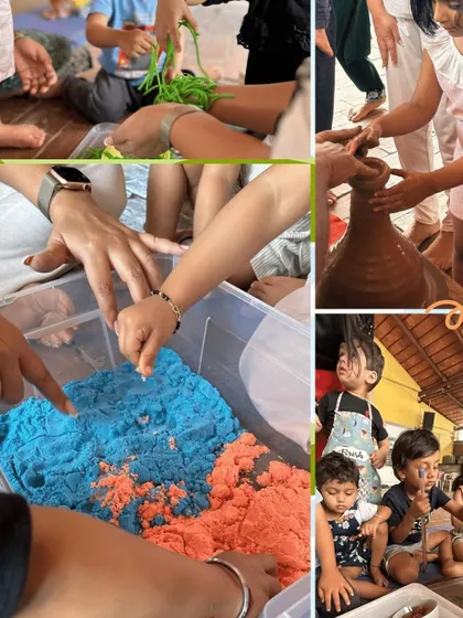 A collage showcasing the variety of sensory experiences I offer. From the gritty feel of kinetic sand to the smooth, cool texture of clay on a pottery wheel, each activity is designed to engage a child's senses and support their development.