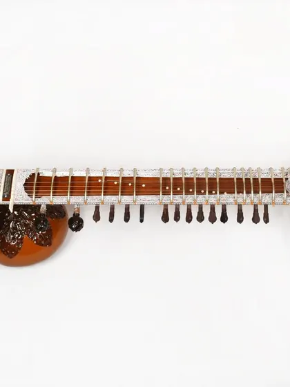 The neck of a Pandit Ravi Shankar style sitar, showing the upper tumba (gourd) and the numerous sympathetic strings that give it a rich, shimmering sound.