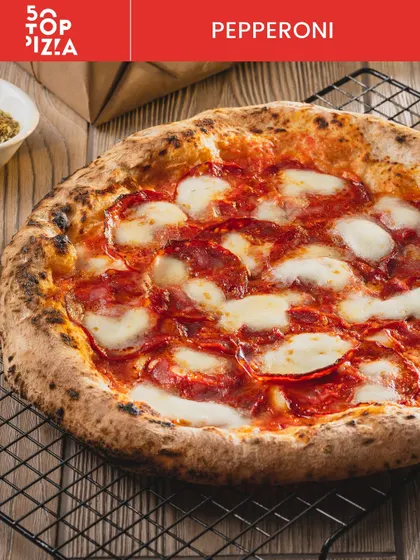 Our Pepperoni pizza, recognized by 50 Top Pizza. It's a classic for a reason.