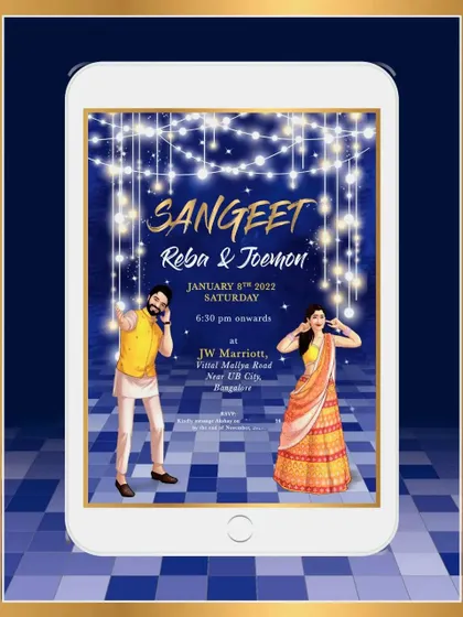 A fun and quirky digital invitation for a Sangeet night. It features custom caricatures of the couple in their festive outfits, dancing under a canopy of fairy lights.