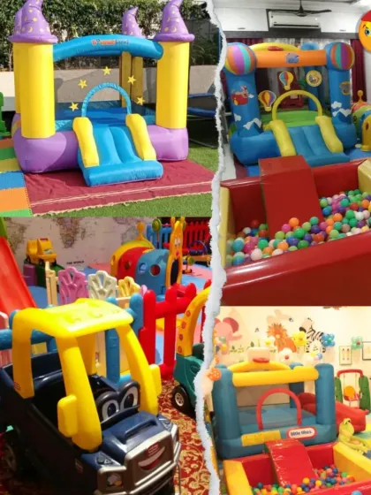 A collage of rented playzones in Mumbai, showcasing four different setups. It prominently features bouncy castles of various sizes and themes, as well as ride-on toys and ball pits.