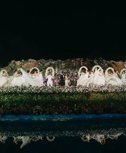 A performance on the massive reception stage we built. The stage was designed with multiple levels, a water body, and a mountain backdrop to create a truly mesmerizing experience for both performers and guests.