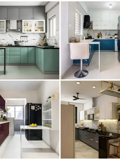 This collage of four of our kitchen projects, featuring different layouts and finishes. This shows our range, from compact kitchens with breakfast bars to more spacious designs.
