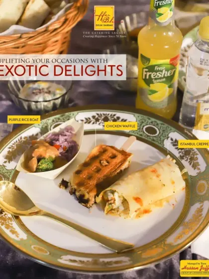 Uplifting your occasions with exotic delights from around the world. This plate features a creative assortment including a Purple Rice Boat, a savoury Chicken Waffle, and an Istanbul Crepe.