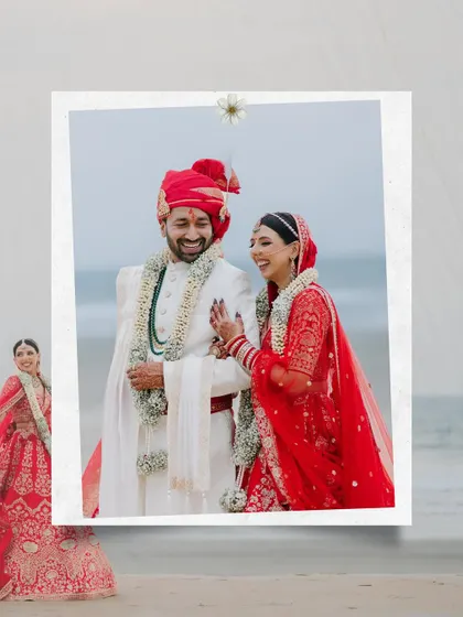 A playful and happy portrait of the couple on the beach, with a creative polaroid-style frame adding a touch of fun to the candid moment.