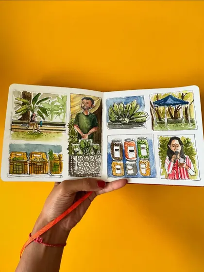 A sketchbook spread from a farmers market at Dilkhush school. I used a grid format to capture various scenes in watercolour, from vendors and produce to people enjoying the day.