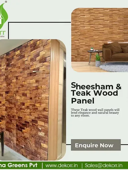 These Teak wood wall panels add natural beauty and elegance to any room. The image shows how the warm tones of the wood can create a cozy and sophisticated environment, perfect for a living room or study.