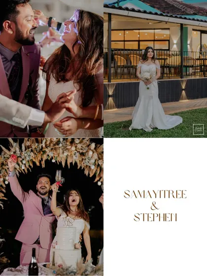A collage of joyful moments from a Goa engagement, including cake cutting, champagne toasts, and a beautiful bridal portrait.