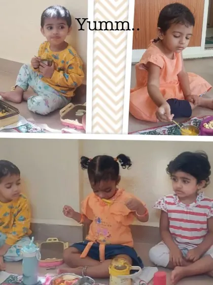 A collage of moments from our mango-themed cooking sessions, where children learned to peel, slice, and prepare delicious mango treats like milkshakes and cheesecake.