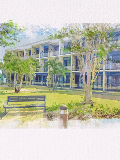 A rendering of the student housing block at the Aruba Institute. The design incorporates balconies and shared spaces to foster a sense of community among students.