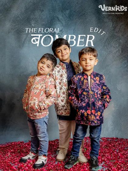 Our floral bomber jackets are all about versatile style and fun. This shot captures three of our little clients showing off different prints from the Jashn Collection, perfect for coordinating sibling looks or letting individual personalities shine.