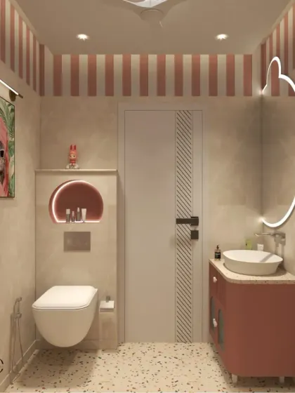 This dreamy and playful kids' bathroom features pink and white striped walls, terrazzo flooring, and a custom panda-shaped mirror.