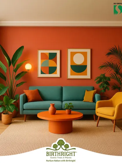 Plants are a critical element of interior design. I consult on choosing the right foliage to complement your color palette and decor, creating a cohesive and vibrant living space that feels truly alive, just like this room with its warm, earthy tones.