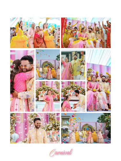 A collage titled 'Carnival', showcasing the vibrant colors, dancing, and joyful moments of a large pre-wedding celebration.