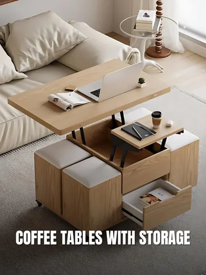 This clever coffee table features a lift-top that transforms it into a workspace, along with hidden stools and storage drawers, making it perfect for compact living rooms.
