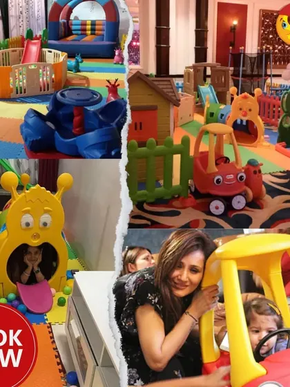 Happy kids, happy hearts. This collage shows a mother and child playing with a ride-on car, a girl peeking out of a caterpillar tunnel, and other fun indoor setups.