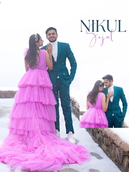 A pop of color against the serene snow of Kashmir. For Nikul and Sejal's pre-wedding shoot, we played with contrast to create this unforgettable, fairytale-like image. It showcases our ability to craft unique destination shoots.
