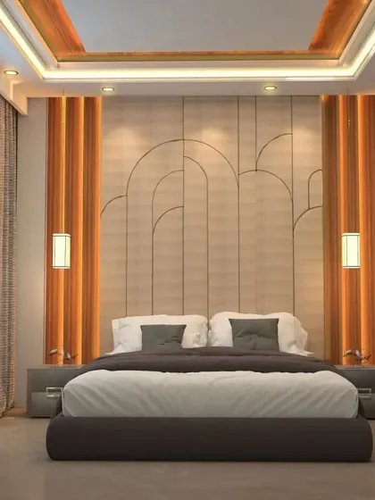 This bedroom render showcases an arched motif in the headboard's paneling, creating a soft and organic feel. The warm wood tones in the recessed ceiling and side panels add depth and coziness to the space.