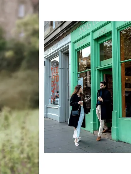 A candid moment of the couple leaving a colorful cafe in Edinburgh. This lifestyle shot adds an authentic, slice-of-life feel to their pre-wedding collection.