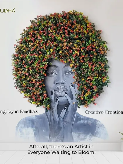 Finding joy in creative creations. This image celebrates the artist in everyone, showcasing the beautiful and unique floral afro wall art that I can create to bring personality and joy to your space.