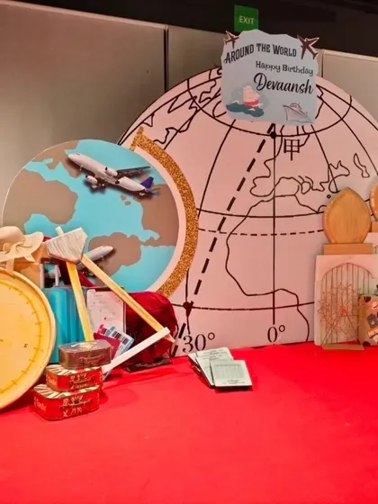 A detail shot of the custom world map backdrop and airplane cutout.