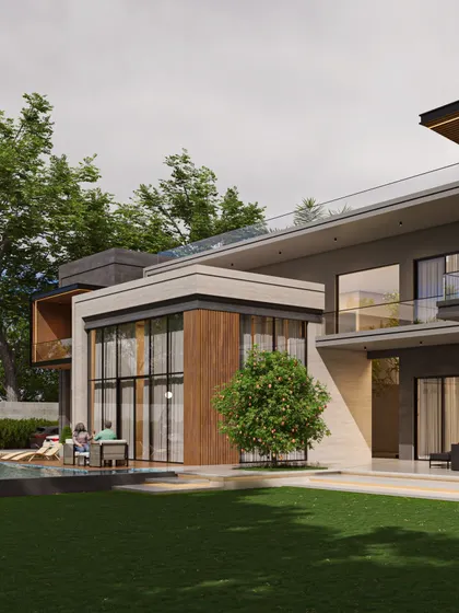 This render showcases a contemporary home where a double-height glass living area overlooks the pool and lawn. The facade is a complex play of volumes, with wooden accents and cantilevered balconies adding warmth and dynamism.