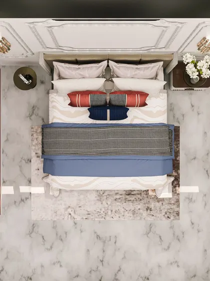 A top-down view of the European-style bedroom, showing the marble flooring and the classic furniture layout.