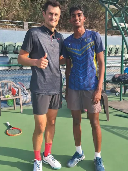 Another great experience for our player Mukil, pictured here with ATP professional Bernard Tomic during his visit to our centre.