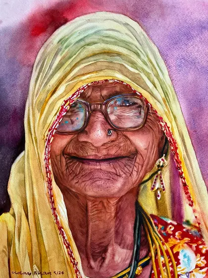 The final painting from the advanced portrait demonstration. The combination of a loose, expressive background and a detailed, realistic face creates a dynamic and powerful image.