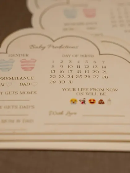 A closer look at the prediction cards, a fun keepsake for the parents-to-be.