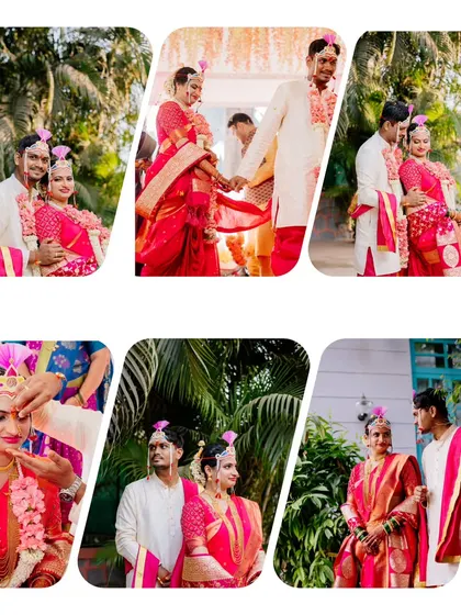 A collage of vibrant moments from a Maharashtrian wedding ceremony held outdoors, capturing the couple's joy and the traditional rituals.