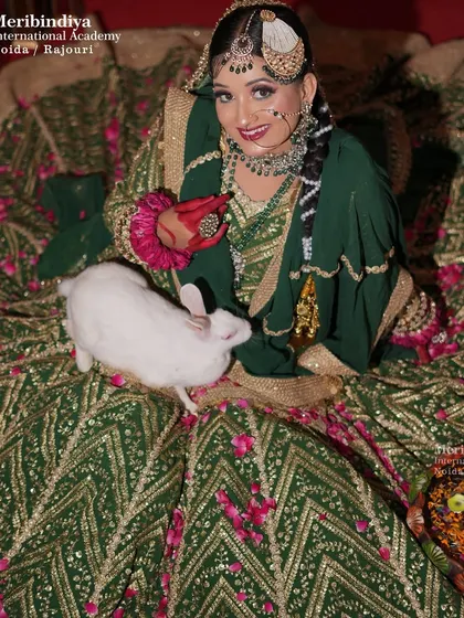 A full view of the bride's attire and hairstyle, demonstrating how to create a cohesive and stunning overall look.