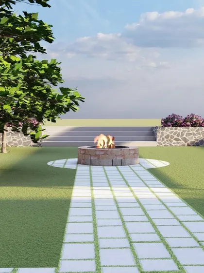 A 3D design for a client who requested a fire pit and seating area. This rendering shows a possible layout with a stone fire pit, paver pathway, and lawn.