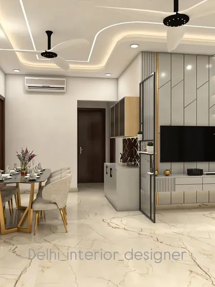 This is a 3D visualization of an open-plan living and dining area. The design features a cohesive theme with a modern TV unit, a glass partition, and a dining set that complements the overall aesthetic.