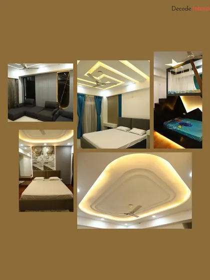 A collection of our bedroom and ceiling designs, showing different styles from modern geometric patterns to soft, curved forms with ambient lighting.