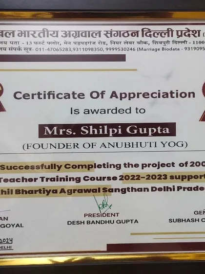 I am honored to receive this Certificate of Appreciation for successfully conducting the teacher training project supported by the Akhil Bhartiya Agrawal Sangthan. This recognition fuels my mission.