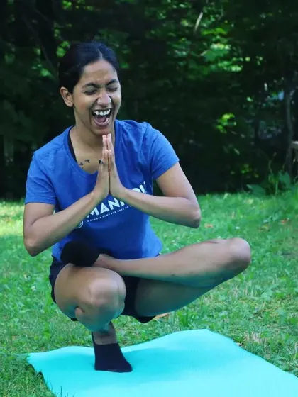 Finding joy in the practice! This is a fun one-legged squat that challenges balance and stability. I love incorporating playful poses like this to show kids that yoga is all about having fun while connecting with your body.