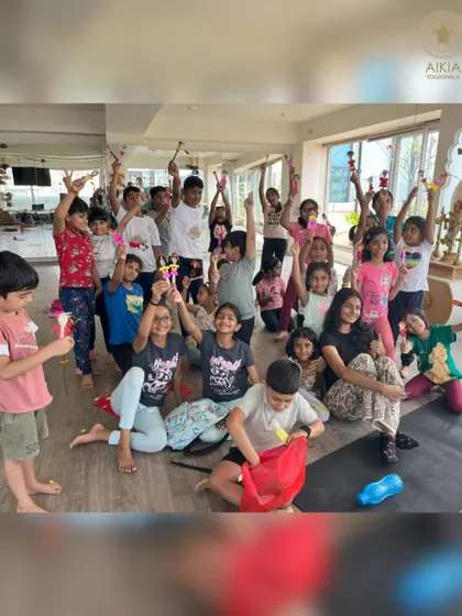 The happy faces of our Bala Shivir campers! After a session of yoga and creative crafts, the kids proudly show off their creations, full of joy and accomplishment.