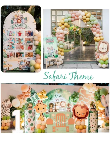A safari theme is always a hit for a first birthday. This collage shows how we tie the theme together across different elements, from the personalized 'My Gold Year' milestone board to the balloon arch entrance and the main 'Wild One' dessert table.
