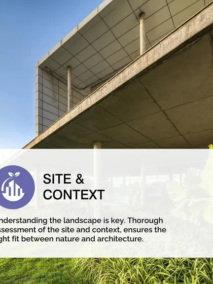 Our approach to Site & Context involves a thorough assessment of the landscape to ensure the right fit between nature and architecture. This graphic outlines our goals for minimizing site disturbance and restoring biodiversity.