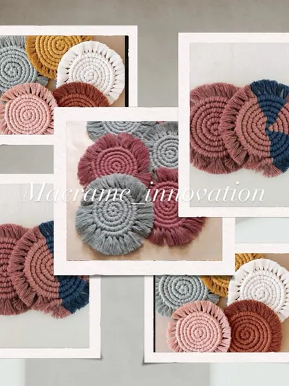 A collage showcasing the variety of colors and styles available for my macrame coasters. You can mix and match to create the perfect set for your home.