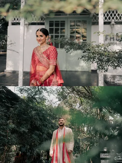 A split-screen view of a bride and groom in separate moments before their wedding. The top photo shows the bride in front of our cottage, while the bottom shows the groom amidst the trees.
