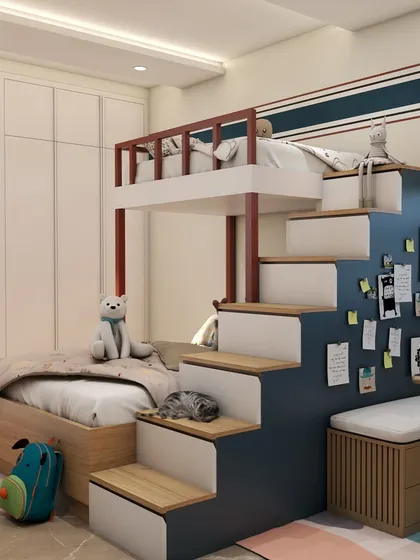 We design spaces that spark imagination. This custom-built bunk bed for a child's room features integrated stairs with storage, creating a fun, safe, and highly functional solution that maximizes space for both sleep and play.