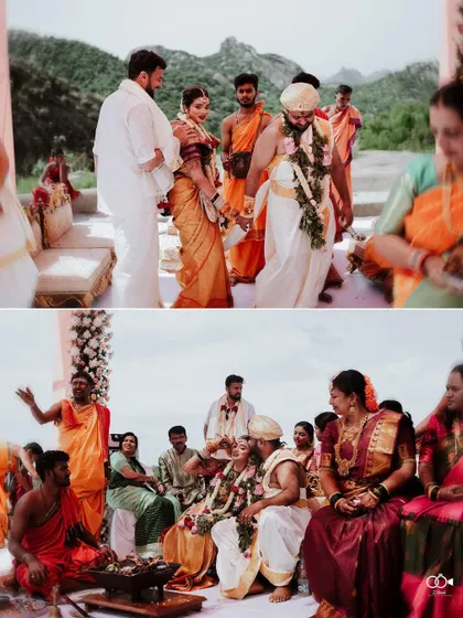 A diptych of a beautiful wedding ceremony with a stunning mountain backdrop.
