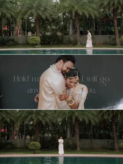 A cinematic collage showing the couple near a pool, with a romantic quote overlay. This demonstrates my ability to create artistic shots even on the wedding day itself.