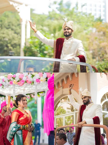 The groom's grand entry on a vintage car and the bride's entrance under a floral canopy at their elegant wedding at ITC Maratha.